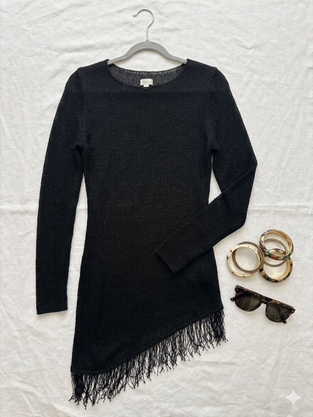 Chico's Black Open-Knit Fringe Pullover